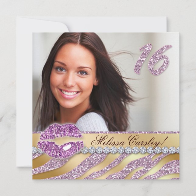 Zebra Sweet 16 Party Einladend Rosa Goldmakeup Einladung (Vorderseite)
