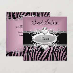 Zebra Sweet Sixteen 16 Party Silber Rosa Schwarz Einladung