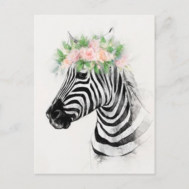 Zebra Tragen eines Blume-Kronportraits Postkarte (Vorderseite)