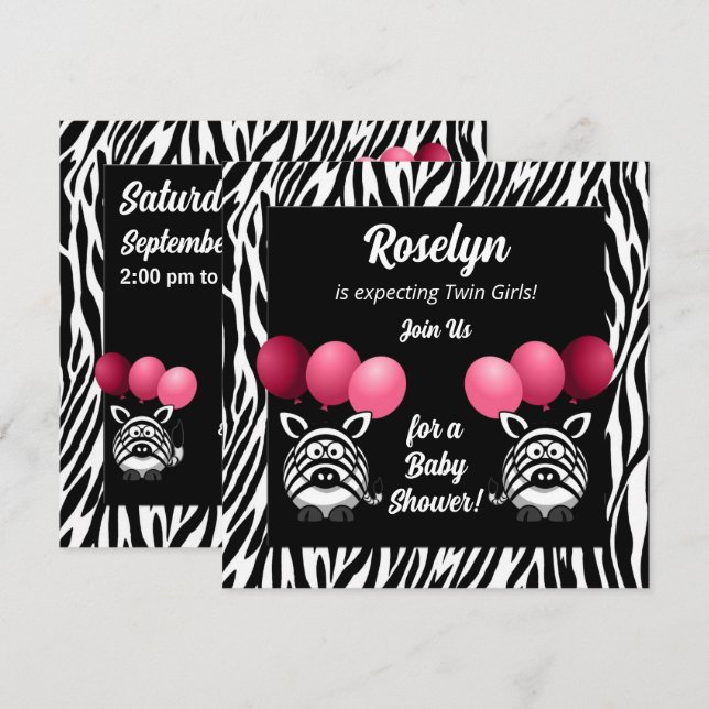 Zebra Twins Pink Girls Baby Dusche Einladung (Vorne/Hinten)