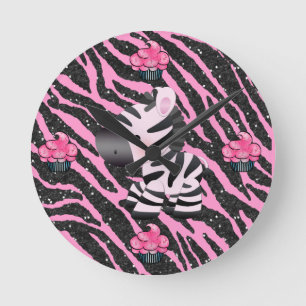 Zebra u. kleine Kuchen rosa u. schwarzer Runde Wanduhr