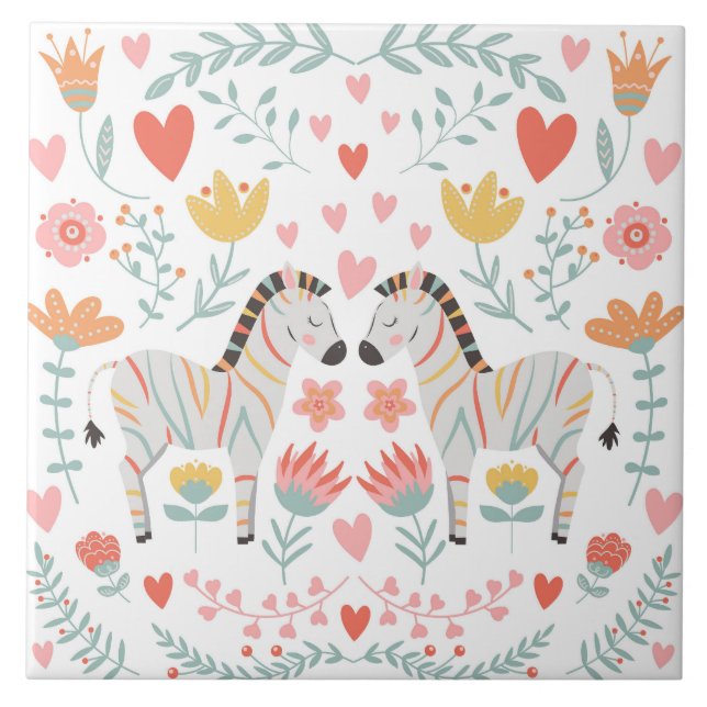 Zebra und Blume farbenfrohe skandinavische Folklor Fliese (Vorderseite)