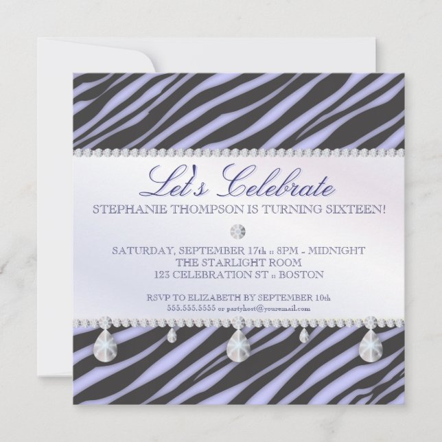 Zebra und Diamonds Sweet 16 Elegance Einladung (Vorderseite)