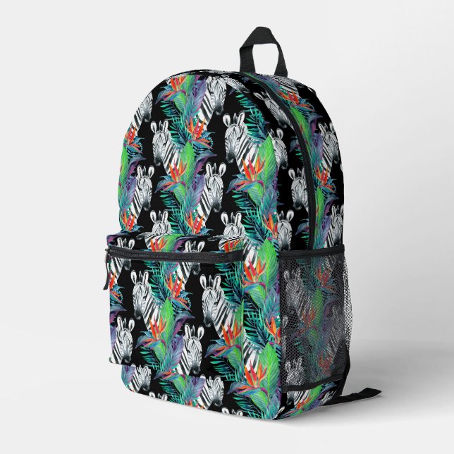 Zebra- und Exotic-Blume-Muster Bedruckter Rucksack (Rückseitige Ecke Rechts)