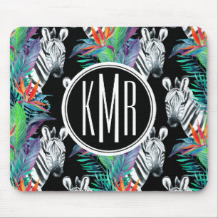 Zebra und exotisches Monogramm des Blumen-Muster-  Mousepad