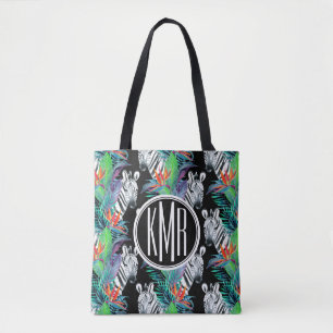 Zebra und exotisches Monogramm des Blumen-Muster-  Tasche
