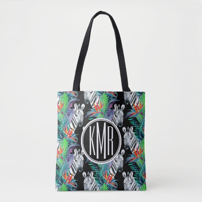 Zebra und exotisches Monogramm des Blumen-Muster-| Tasche (Vorderseite)