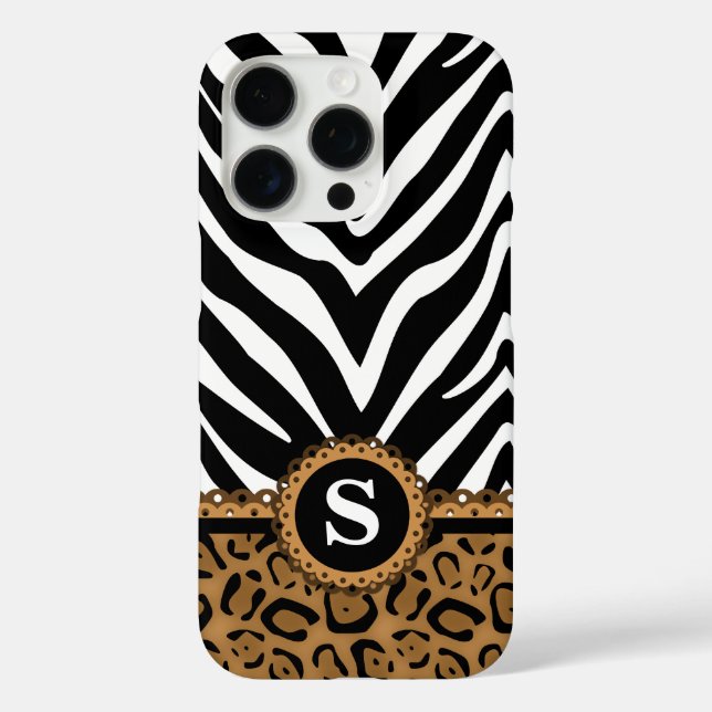 Zebra und Leopard Print Monogram iPhone 16 Pro Hülle (Rückseite)