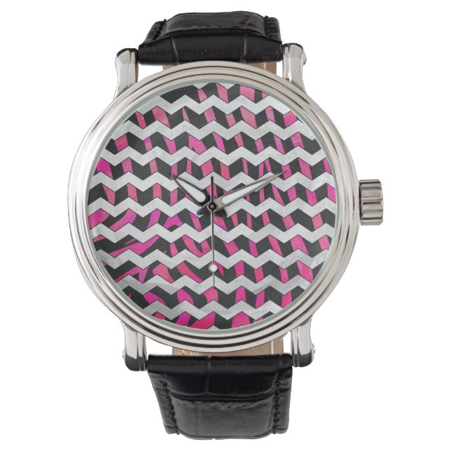 Zebra Zickzack Black and Hot Pink Armbanduhr (Vorderseite)
