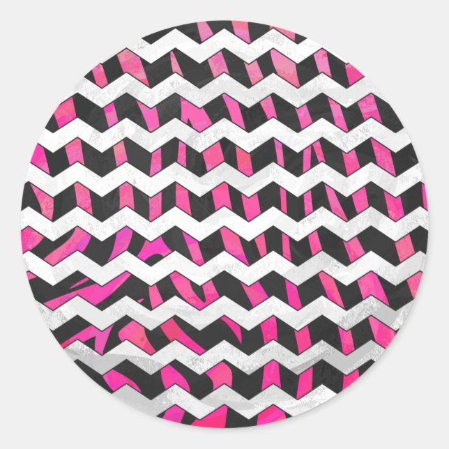 Zebra Zickzack Black and Hot Pink Runder Aufkleber (Vorderseite)