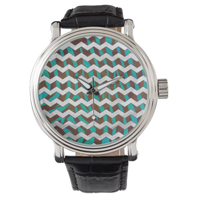 Zebra Zickzack braun und Aquamarin Armbanduhr (Vorderseite)