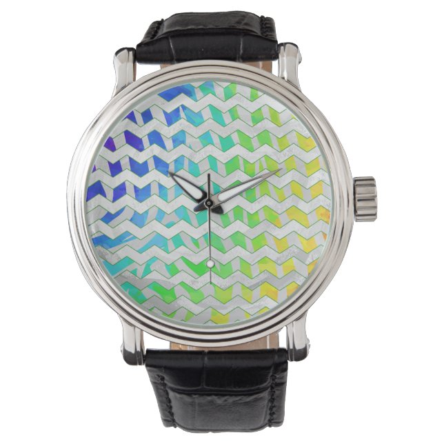 Zebra, Zickzack Regenbogen und Weißdruck Armbanduhr (Vorderseite)