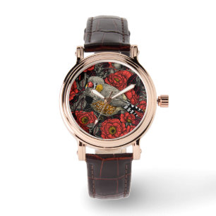 Zebrafinch und rote Rose Armbanduhr