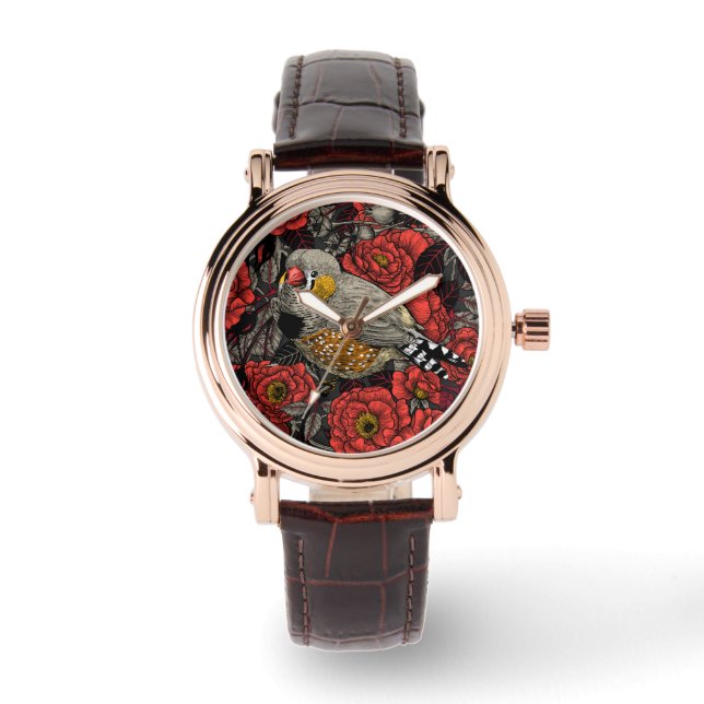 Zebrafinch und rote Rose Armbanduhr (Vorderseite)