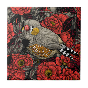 Zebrafinch und rote Rose Fliese