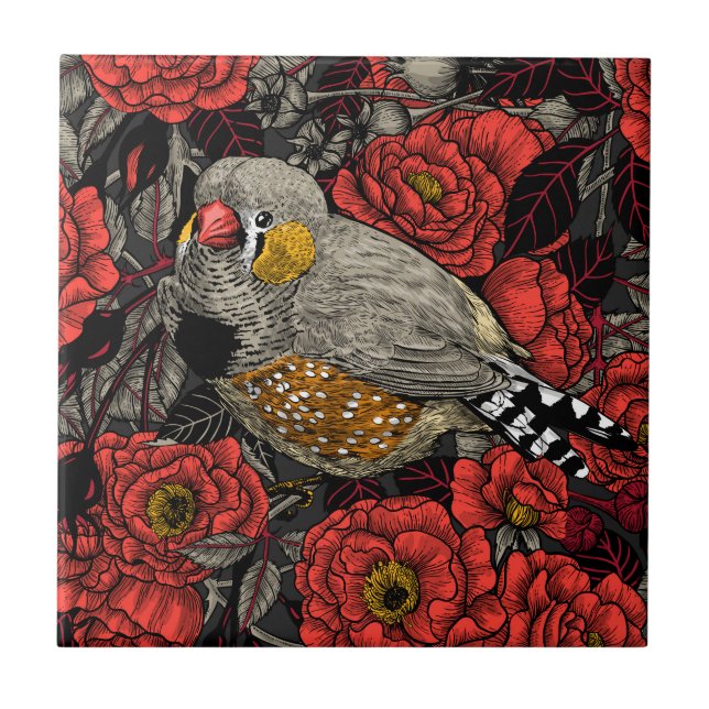 Zebrafinch und rote Rose Fliese (Vorderseite)