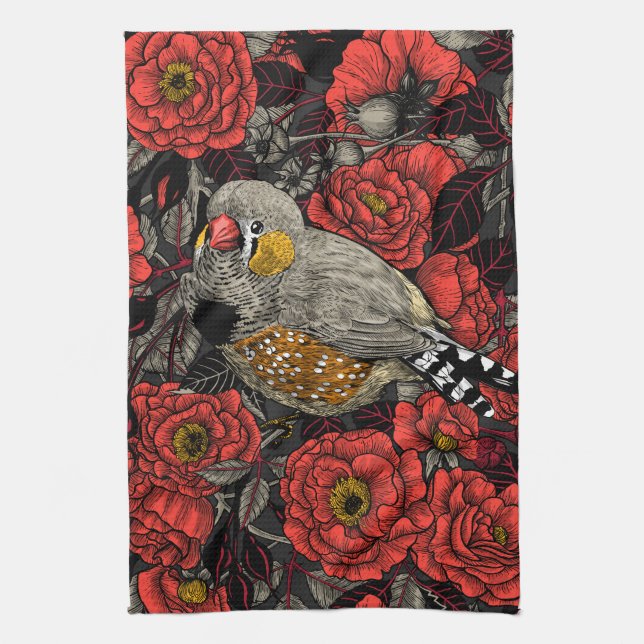 Zebrafinch und rote Rose Geschirrtuch (Vertikal)
