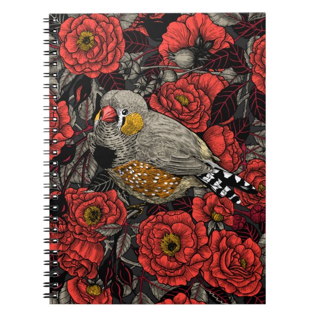 Zebrafinch und rote Rose Notizblock (Vorderseite)