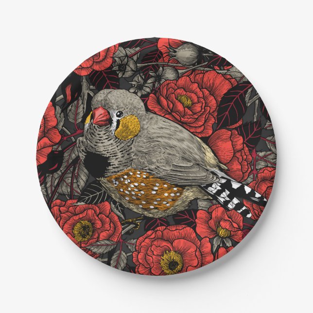 Zebrafinch und rote Rose Pappteller (Vorderseite)