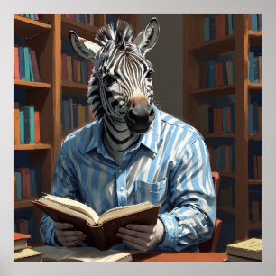 Zebrary Funny Zebra in Bibliothekspainen Poster