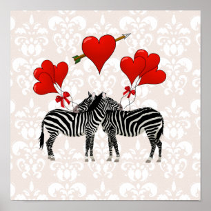 Zebras und Herz auf rosa Damast Poster