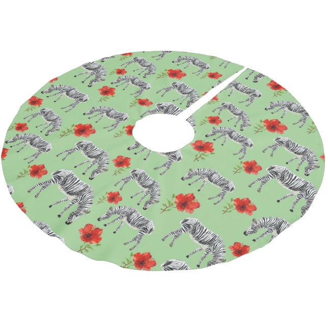 Zebras unter den Blume der Hibisken Polyester Weihnachtsbaumdecke (Schrägansicht)