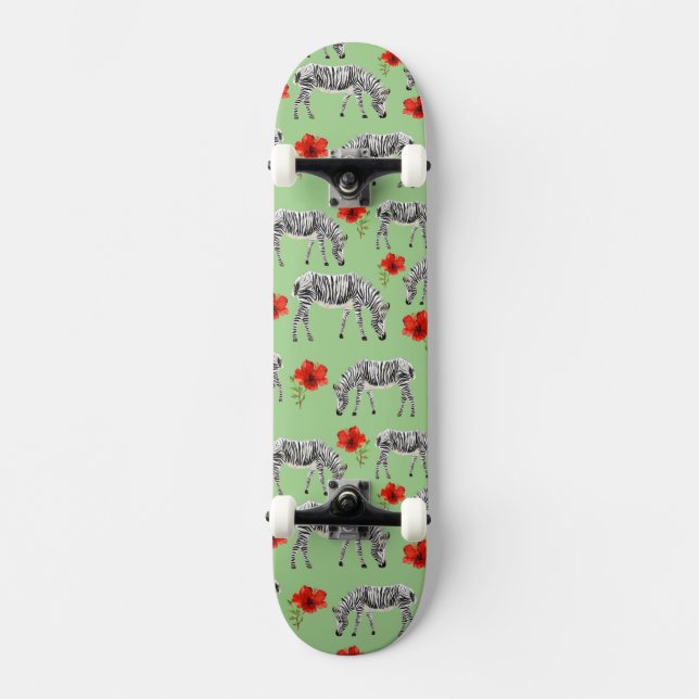 Zebras unter Hibiskus-Blumen Skateboard (Vorderseite)