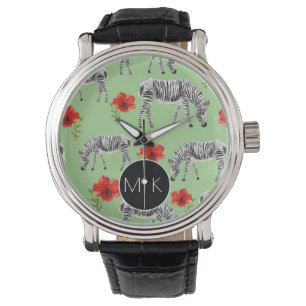 Zebras unter Monogramm der Hibiskus-Blumen-  Armbanduhr