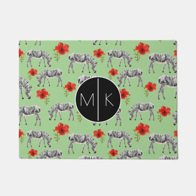 Zebras unter Monogramm der Hibiskus-Blumen-| Fußmatte (Vorderseite)