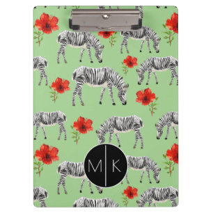 Zebras unter Monogramm der Hibiskus-Blumen-  Klemmbrett