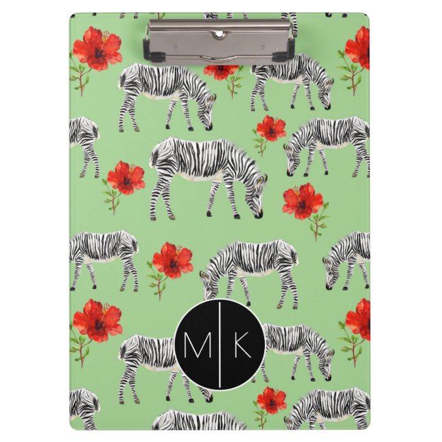 Zebras unter Monogramm der Hibiskus-Blumen-| Klemmbrett (Vorderseite)