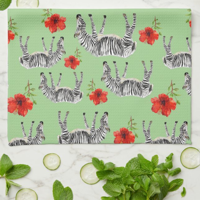 Zebras unter Monogramm der Hibiskus-Blumen-| Küchentuch (Gefaltet)