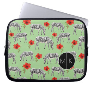 Zebras unter Monogramm der Hibiskus-Blumen- Laptopschutzhülle