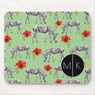 Zebras unter Monogramm der Hibiskus-Blumen-  Mousepad