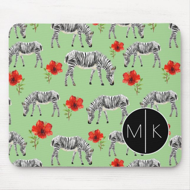 Zebras unter Monogramm der Hibiskus-Blumen-| Mousepad (Vorne)