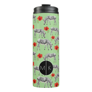 Zebras unter Monogramm der Hibiskus-Blumen-  Thermosbecher