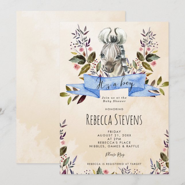 zèbre petit garçon floral baby shower invitation (Devant / Derrière)