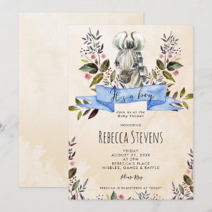 zèbre petit garçon floral invitation baby shower