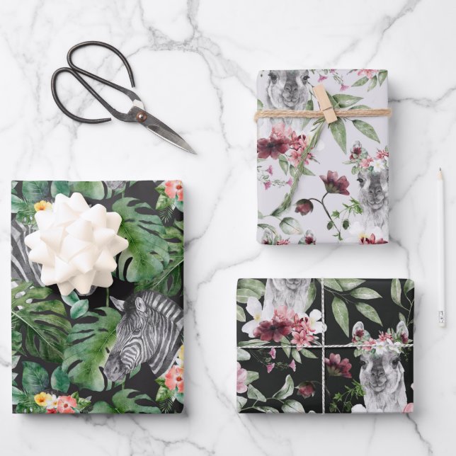 Zèbre tropical alpaga gris rose noir feuille flora (Recto)