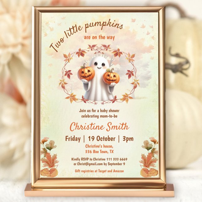 Zehn Halloween Pumpkin Ghost Neutral Baby Dusche Einladung (Twins Halloween Pumpkin Ghost Neutral Baby Shower Invitation)