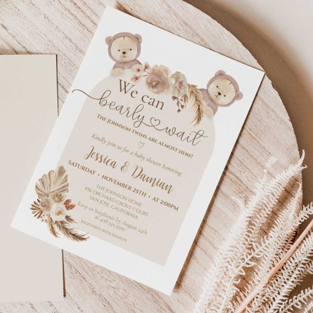 Zehn Teddy Bären, wir können frühzeitig abwarten B Einladung (We Can Bearly Wait for Twins Boho Baby Shower Invitation)