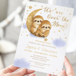 Zehn über dem Mond Sloth Gold Blue Baby Dusche in Einladung