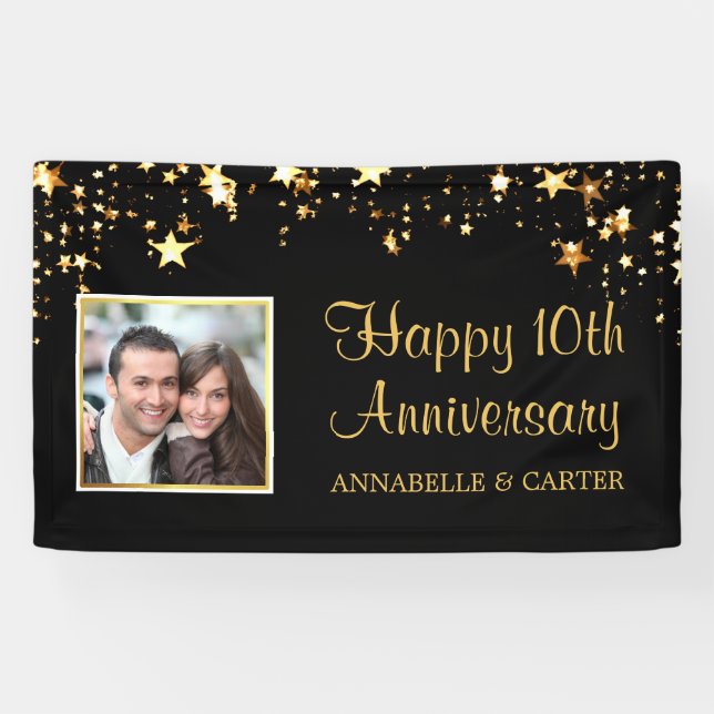Zehnjähriges Modern Black Gold Stars Foto Banner (Horizontal)