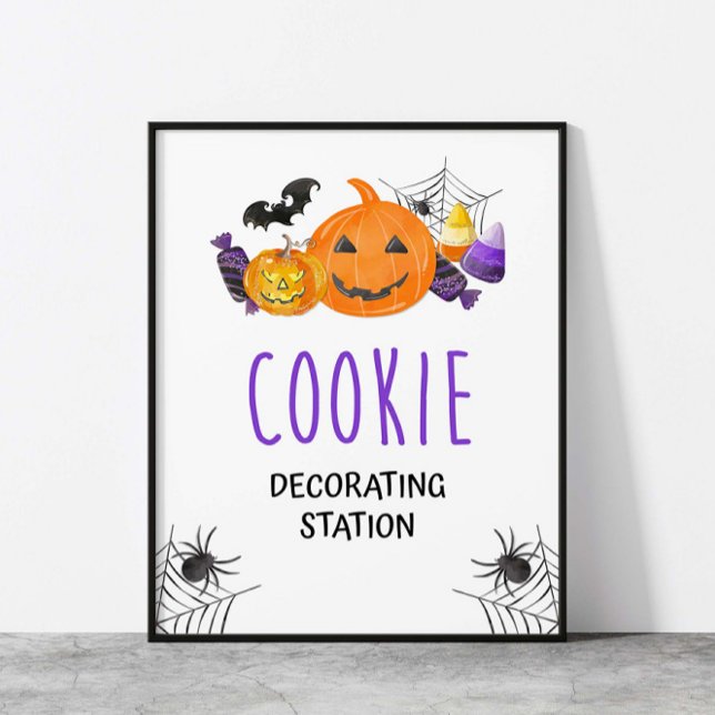 Zeichen für das Party der Halloween-Cookie-Dekorat Poster (Cookie Decorating Station Halloween Party Sign, Spooky Purple & Orange)