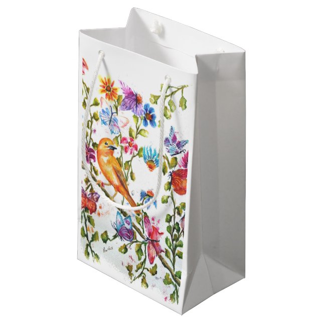 ZEICHENDRUCKEN GELBE BIRD KLEINE GESCHENKTÜTE (Vorderseite Schrägansicht)