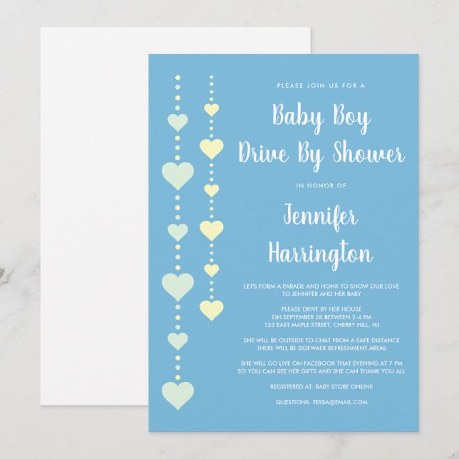 Zeichenkette "Blue Drive by Baby Boy Shower" Einladung (Vorne/Hinten)