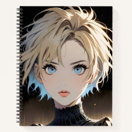 Zeichentrickfigur mit blauen Augen und schwarzem S Notizbuch