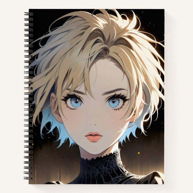 Zeichentrickfigur mit blauen Augen und schwarzem S Notizbuch (Vorderseite)