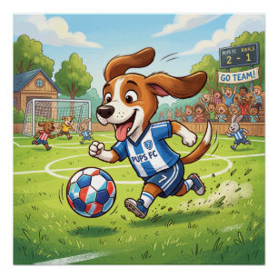 Zeichentrickhund spielt Fußball Poster