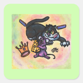 Zeichentrickillustration Katze Maus Käse Krone Wän Quadratischer Aufkleber